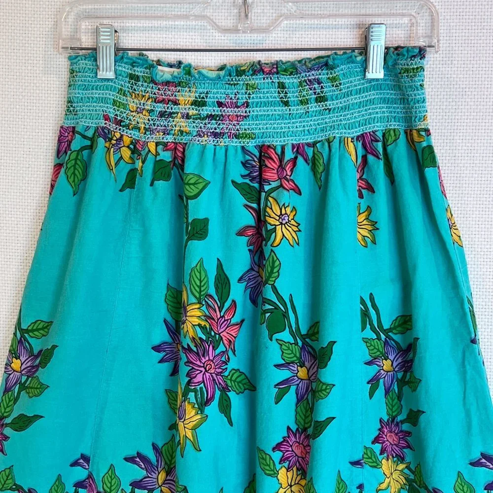 Boho Floral Maxi Skirt S Smocked Waist Tiered Hem Festival‎ Hippie Derek Heart